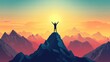 © godex - Conquering the Summit: A silhouette of a triumphant man stands atop a majestic mountain peak, arms raised in victory against a vibrant sunset backdrop.  A powerful image symbolizing achievement.
