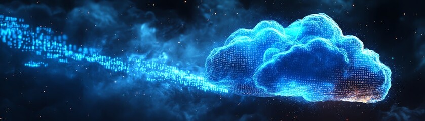 glowing blue cloud icon representing cloud storage and computing, with dynamic binary code flowing t