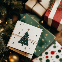 Aufkleber - Christmas cards decorated with festive designs beside wrapped gifts on a wooden table during the holiday season. Generative AI