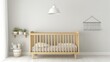 © Alfath - Minimalist baby nursery with crib, plants, and wall hooks.