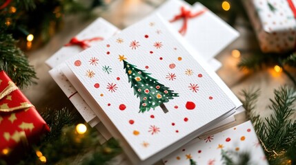 Wall Mural - Colorful Christmas cards arranged on a table with gifts and festive decorations for holiday celebrations. Generative AI