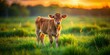 © prapatsorn - Adorable Young Calf Grazing in Dusk, Green Pasture, Low Light Photography