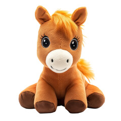 Cute brown stuffed horse toy with orange mane and big eyes sitting upright on a white background