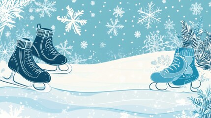 Sticker - Winter themed doodle with ice skates, snowflakes, and a serene snowy background. Generative AI