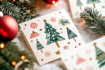 Aufkleber - Delightful Christmas cards featuring hand drawn trees and ornaments, perfect for holiday greetings and festive wishes. Generative AI
