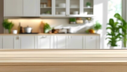 Wall Mural - Empty Wooden Kitchen Table Top Against a Blurred Modern Kitchen Background