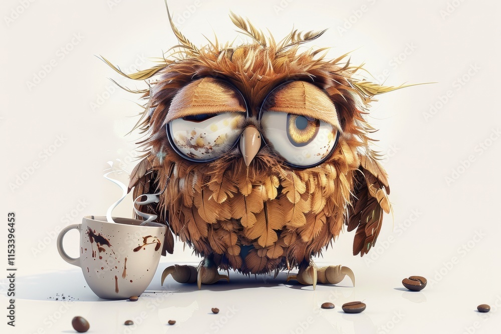 Crazy sleepy funny owl holding a coffee cup, cartoon style, on white  background Stock Photo | Adobe Stock