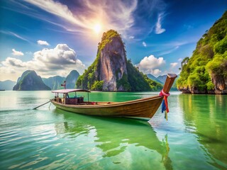 Wall Mural - Traditional Thai Longtail Fishing Boat on Calm Phang Nga Bay Waters, Thailand