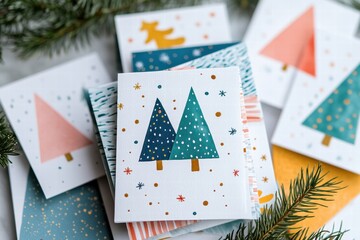 Leinwandbilder - Colorful Christmas cards featuring festive designs of trees and holiday motifs arranged on a winter themed surface. Generative AI