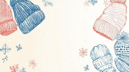 Leinwandbilder - Cozy winter doodles featuring colorful hats and snowflakes on a light background. Generative AI
