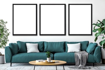 Wall Mural - Modern interior, three blank poster frames on the wall above a turquoise sofa with black and white pillows and decorative plants, a simple minimalist style