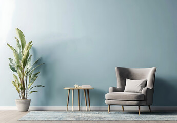 Wall Mural - Modern interior, three blank poster frames on the wall above a turquoise sofa with black and white pillows and decorative plants, a simple minimalist style