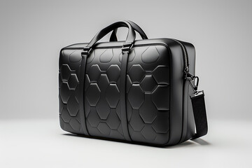 luxury leather travel bag, a sophisticated travel bag in black leather with a modern hexagonal pattern, matte finish, black chrome hardware, and adjustable shoulder strap