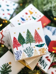Aufkleber - Colorful Christmas cards arranged beautifully among festive decorations in a cozy setting during the holiday season. Generative AI