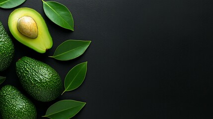 Wall Mural - Halved avocado with whole avocados and leaves on black background.