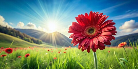 Wall Mural - Vibrant Red Gerber Daisy in a Sunlit Meadow Landscape