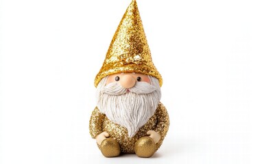 Wall Mural - A cheerful gnome with a golden hat and glittering decor, placed on a bright white background