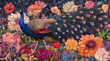 Wall Mural - A vibrant peacock amidst a colorful floral backdrop, showcasing nature's beauty and artistry.