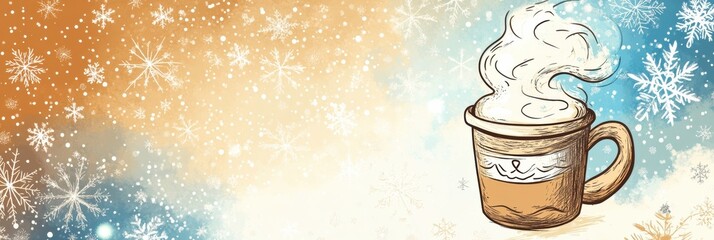 Fototapete - Delight in winter with a steaming mug of hot chocolate surrounded by swirling snowflakes and cozy warmth. Generative AI