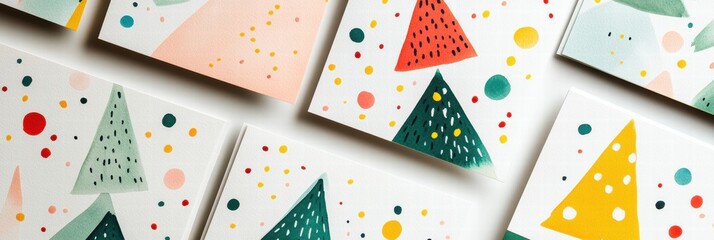 Aufkleber - Brightly decorated Christmas cards showcasing colorful trees and festive patterns on a white background. Generative AI