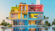 © Worakit - vibrant eco friendly smart home featuring colorful modular design, large windows, and lush greenery