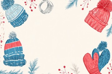Leinwandbilder - Winter themed doodle featuring colorful hats and mittens with festive decorations for a cheerful holiday spirit. Generative AI