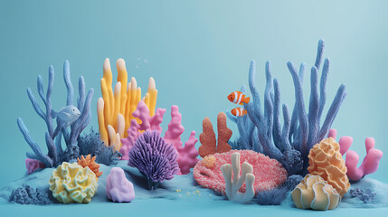 Wall Mural - Underwater scene with coral reef, flat design, side view, aquatic theme, 3d render, triadic color scheme. Seafloor. Illustration