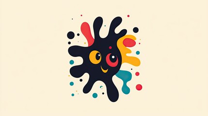 Naklejka na meble Playful black blob character with colorful splashes and big eyes on beige background.