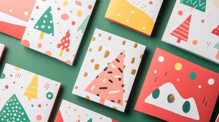 Aufkleber - Creative Christmas cards displayed on a green background showcasing festive designs and cheerful colors for the holiday season. Generative AI