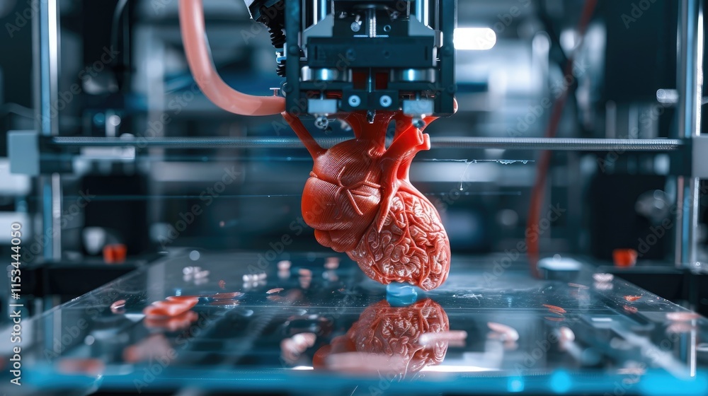 A 3D printer creating a fully functional human organ, illustrating the ...