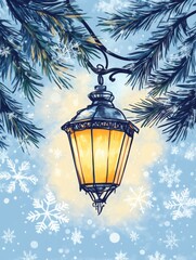 Poster - Winter doodle of a glowing street lantern hanging under snowy branches at twilight. Generative AI