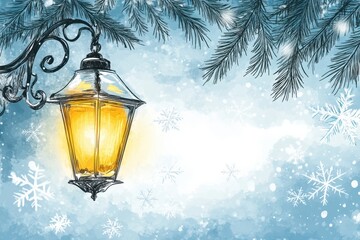 Poster - Glowing street lantern illuminating a winter night with snowflakes drifting in a serene landscape. Generative AI