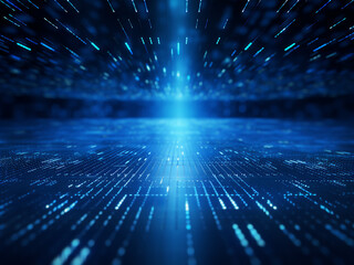 A blue binary matrix background filled with digital code patterns and futuristic design