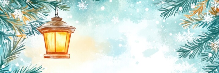 Poster - Winter doodle of a glowing street lantern surrounded by snowflakes and evergreen branches in a serene setting. Generative AI