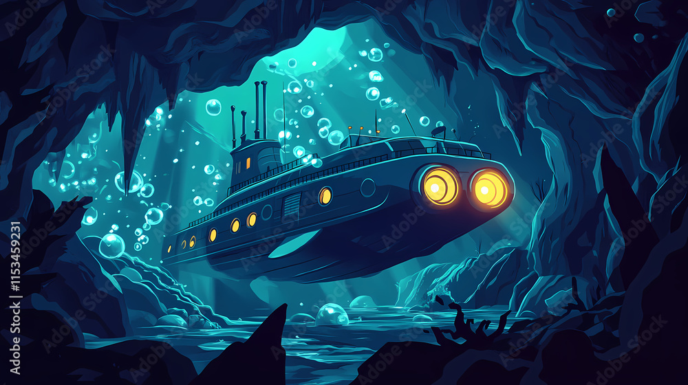 A submarine, with illuminated portholes and headlights, navigates ...