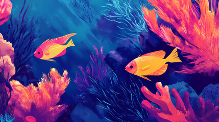 a vibrant duo of fish glide alongside an array of corals on the seafloor of a coral reef. seafloor. 