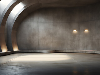 Wall Mural - Underground studio with a dirty concrete wall and spotlight illuminating curved cement surface