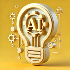 Wall Mural - 3D Yellow Background AI Light Bulb Icon Concept for Innovative Business Ideas and Marketing