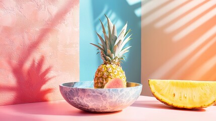 Wall Mural - Tropical fruits with a pineapple on a bright pink backdrop