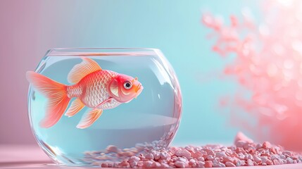 Wall Mural - Goldfish in a glass bowl with pink decorations