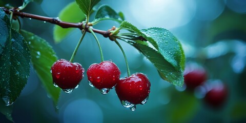 Wall Mural - Soft focus image of red cherries, showcasing wet cherries adorned with dew and raindrops on a branch, surrounded by lush green leaves against a blurred background and sky.