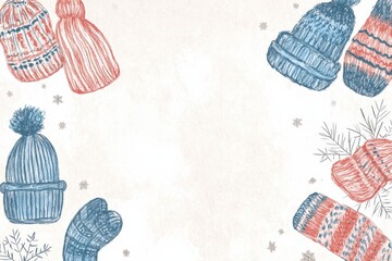 Leinwandbilder - Warm winter doodle showcasing colorful beanies and mittens against a soft background with delicate snowflakes. Generative AI