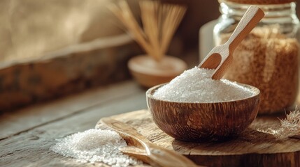 Canvas Print - Rustic baking setup with flour in a wooden bowl