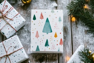 Aufkleber - Christmas cards displayed among wrapped gifts and festive decorations on a snowy wooden table. Generative AI