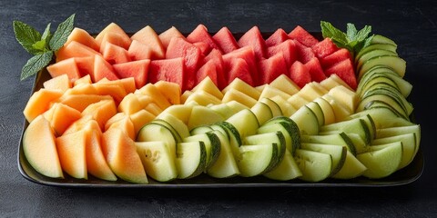 Wall Mural - Colorful mixed fruit platter featuring slices of cantaloupe, watermelon, and honeydew, showcasing a delightful arrangement of fresh and juicy mixed fruit for a refreshing treat.