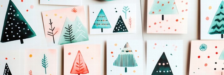 Aufkleber - Christmas cards featuring hand drawn trees with colorful designs and festive patterns on display for the holiday season. Generative AI