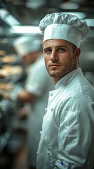 Canvas Print - Chef wearing a white uniform and hat stands in a kitchen, with another chef working in the background