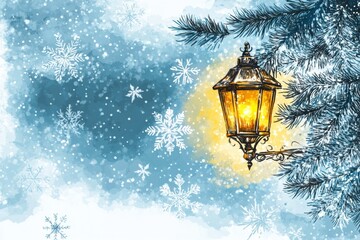 Poster - Glowing street lantern illuminating a snowy winter night with falling snowflakes and evergreen branches. Generative AI