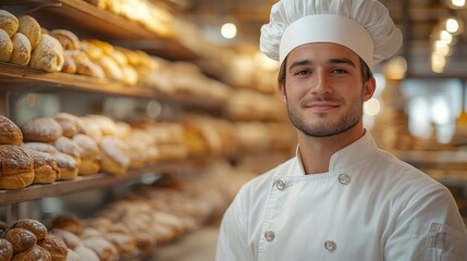 Canvas Print - Smiling baker in a white chef's uniform stands proudly amidst shelves of various fresh bread and pastries