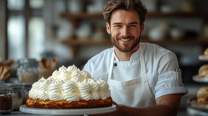 Canvas Print - Smiling chef holds a cake topped with whipped cream, standing in a kitchen filled with jars and bread items